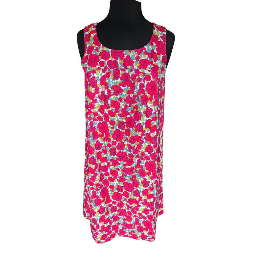 Garnet Hill Pink Red Floral Rose Print Cotton Sleeveless Shift Dress Size 8